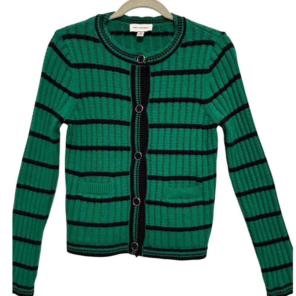 Free Assembly Green Navy Striped Cardigan Sweater Sz S 4-6 preppy academia chic